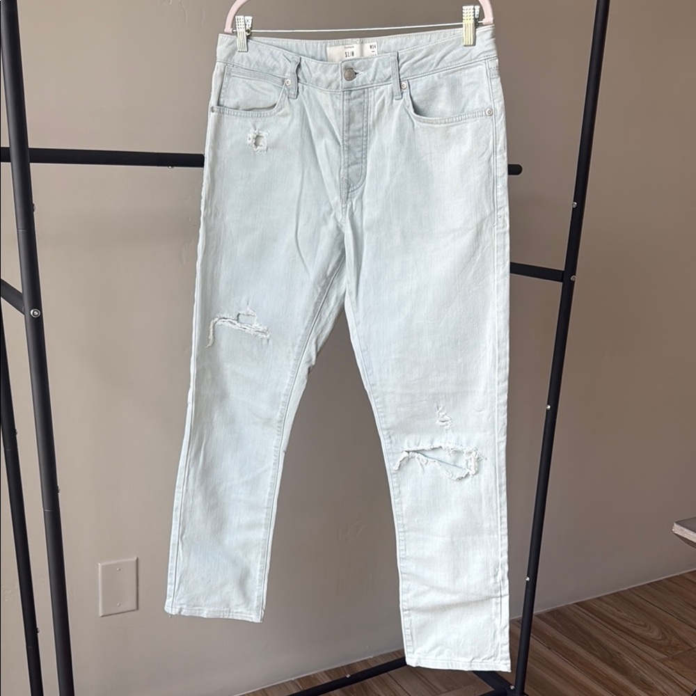 Topman Blue Relaxed Fit Jeans with Distressed Details